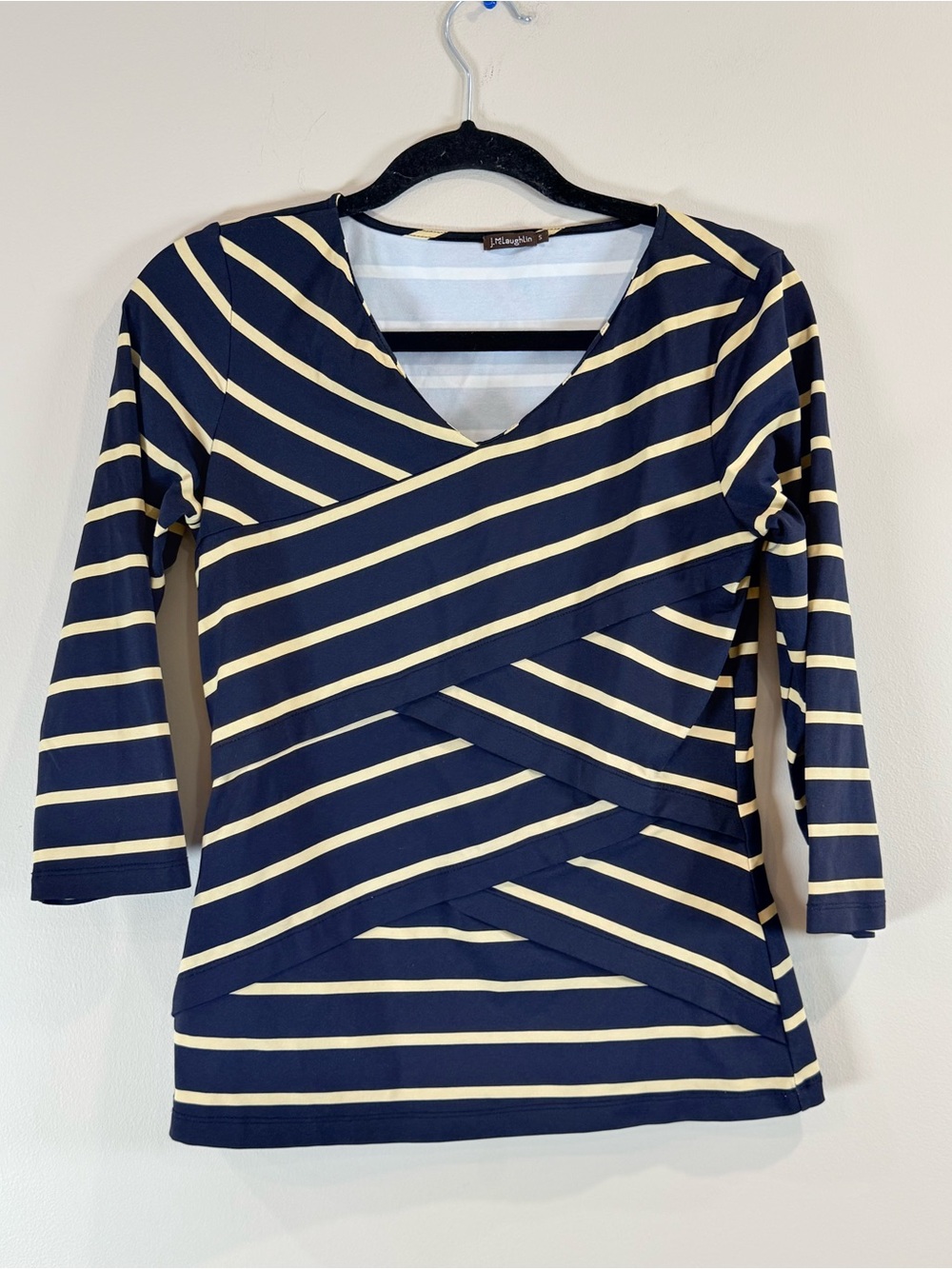 🔥J. McLaughlin Navy and Cream Striped Wrap-Style Women's Top Size as EC🔥
